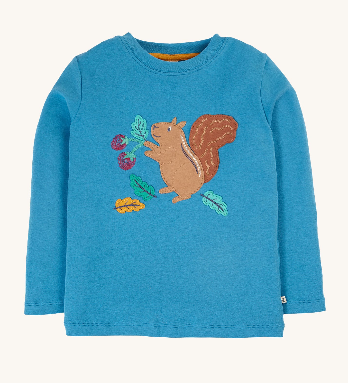 Frugi Adventure Applique Top - Deep Water/Squirrel. A lovely blue fabric, with a fun autumn squirrel applique on the front