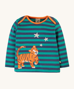 Frugi Bobby Applique Top - Iguana Stripe/Tiger. A navy and green stripe, long sleeve top with a tiger applique and embroidered stars, with orange piping