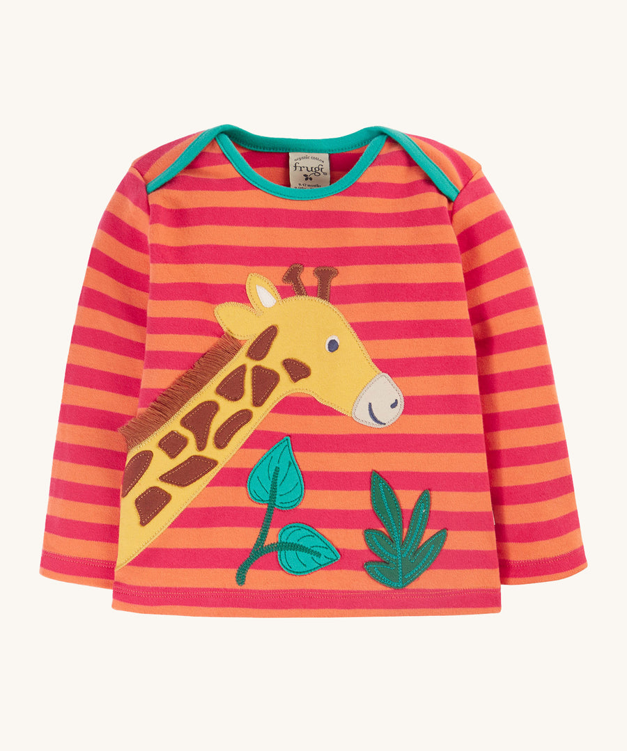 Frugi Bobby Applique Top - Cantaloupe Stripe/Giraffe, with an orange and pink stripe and a giraffe and leaf applique detail