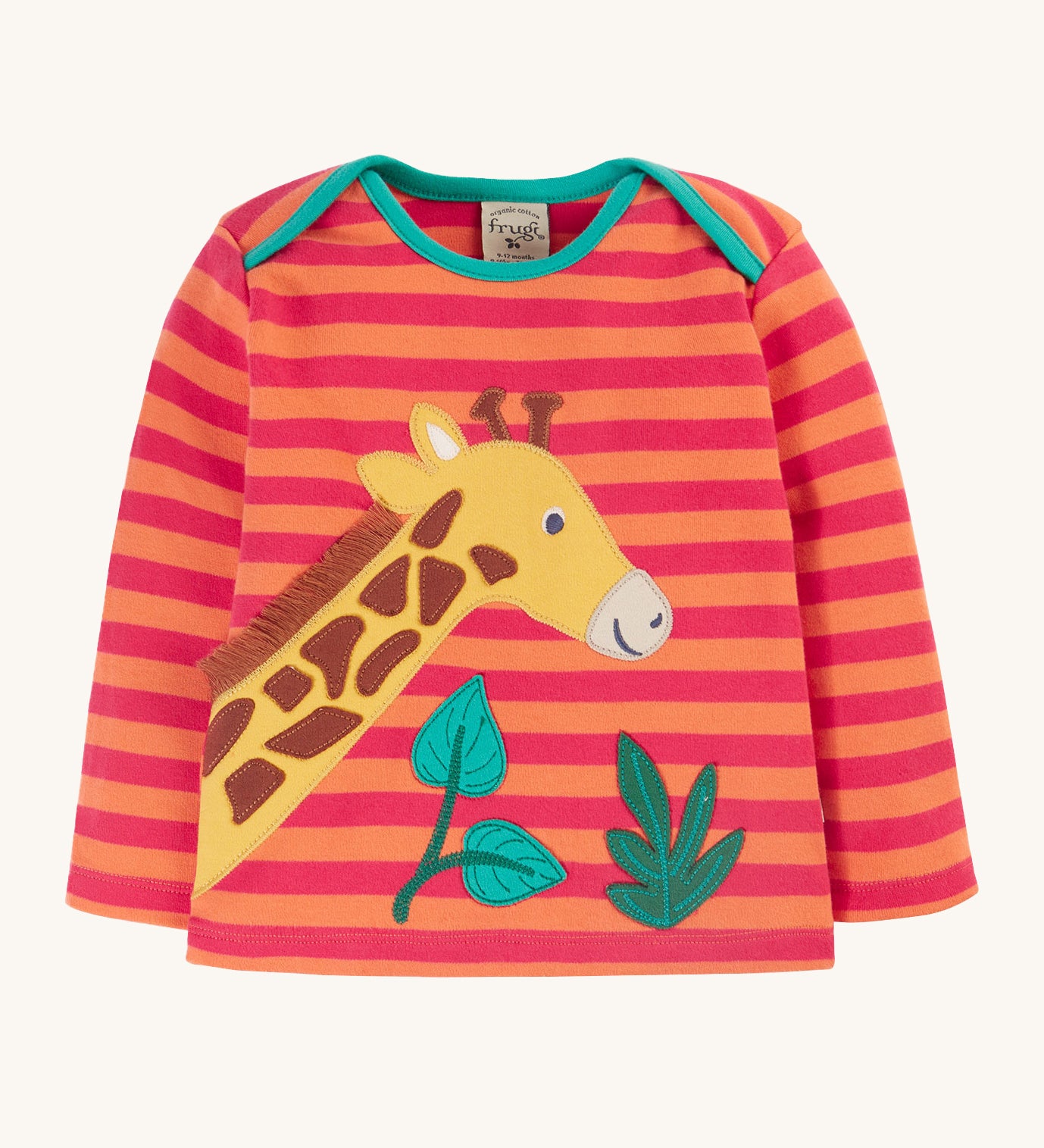 Frugi Bobby Applique Top - Cantaloupe Stripe/Giraffe, with an orange and pink stripe and a giraffe and leaf applique detail