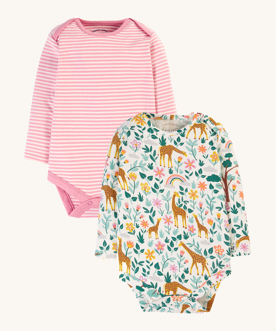 Frugi Super Special 2 Pack Body - White Giraffes/Cosmos Stripe. A beautiful pink and white stripe, long sleeve body suit and a fun giraffe and nature, long sleeve body suit