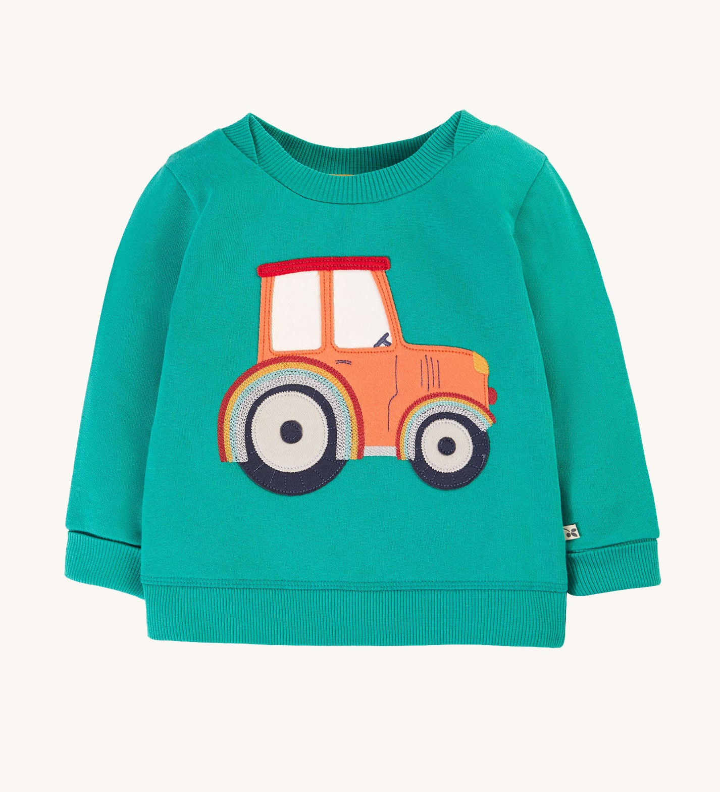 Frugi Easy On Jumper - Iguana/Tractor. A lovely pale green umper with a large tractor applique on the front