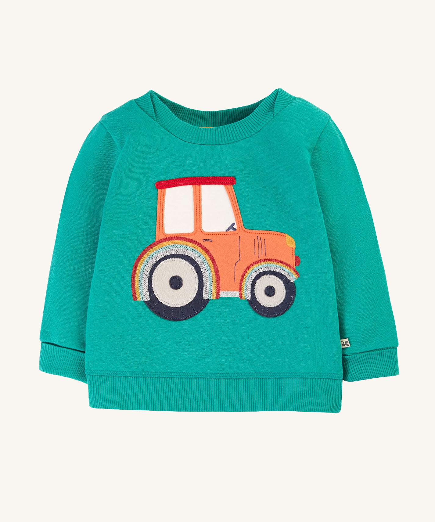 Frugi Easy On Jumper - Iguana/Tractor. A lovely pale green umper with a large tractor applique on the front