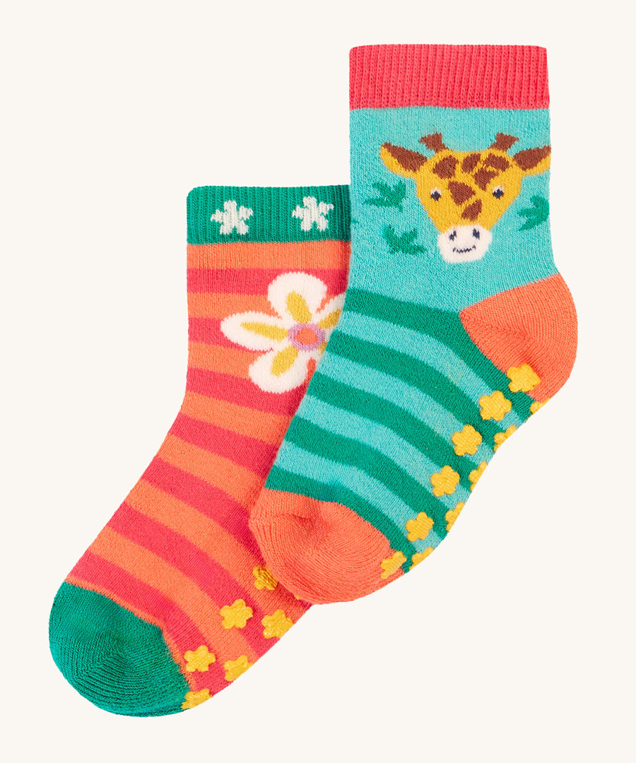 Frugi Grippy Socks 2 Pack - Giraffe. With super cute giraffe and nature themed designs