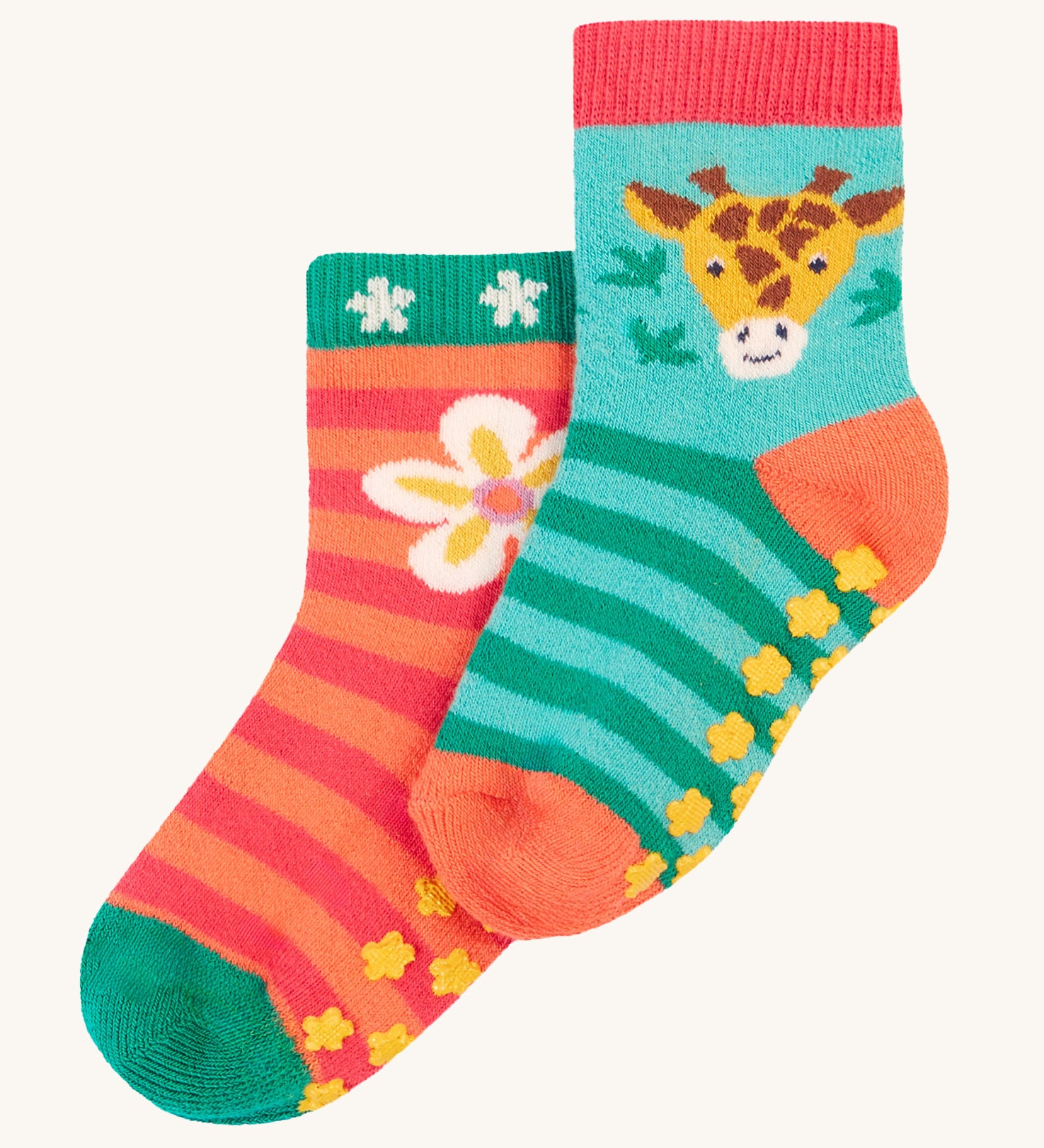 Frugi Grippy Socks 2 Pack - Giraffe. With super cute giraffe and nature themed designs