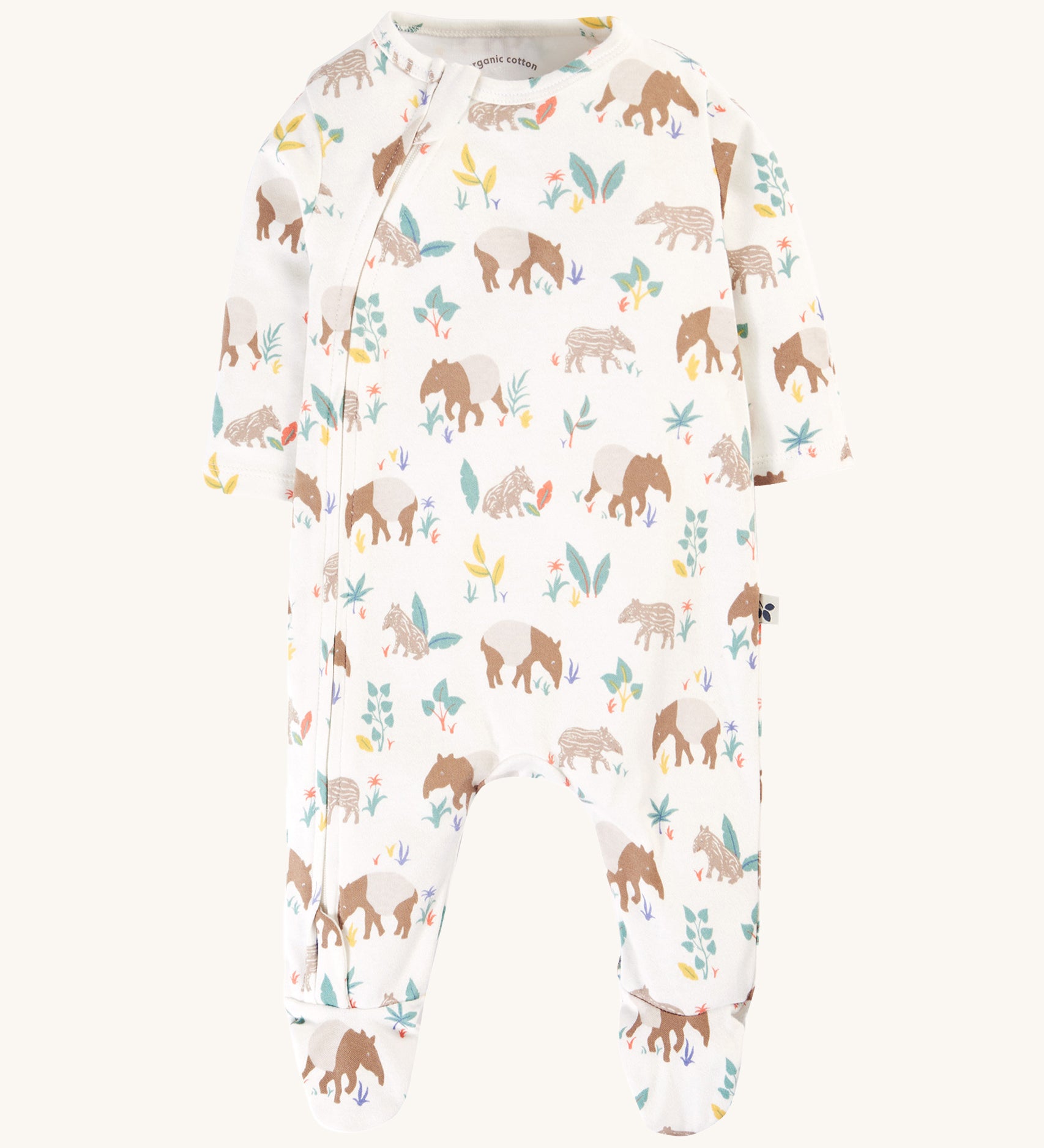 Frugi Kimono Zip Babygrow - Tapir Time, with an adorable Tapir and nature print