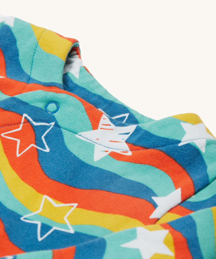 A closer look at the collar section of the wrap around Frugi Kiki Kimono Dress - Wavy Stars