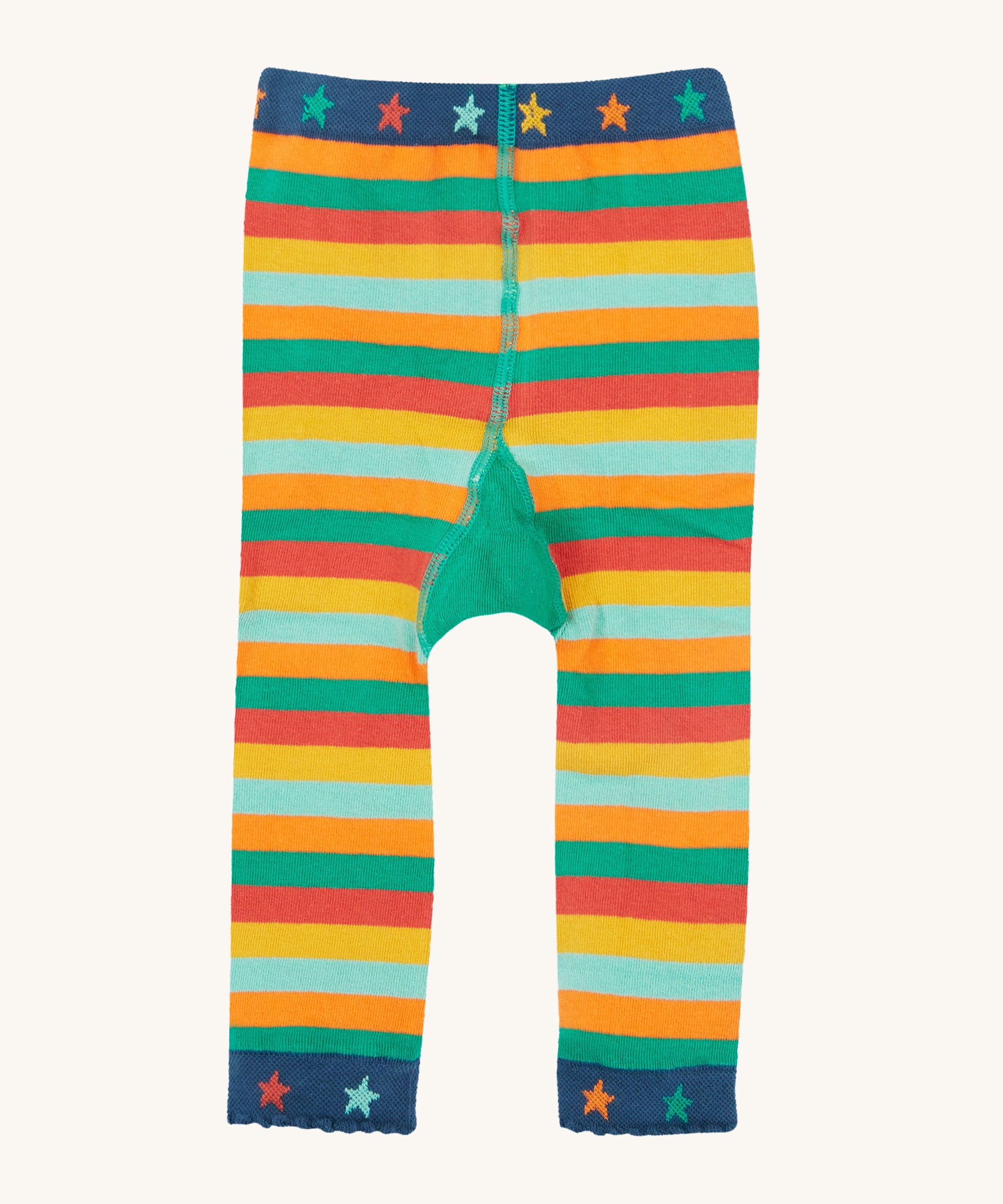 The back of the Frugi Little Knitted Leggings - Rainbow Stripe/Tractor