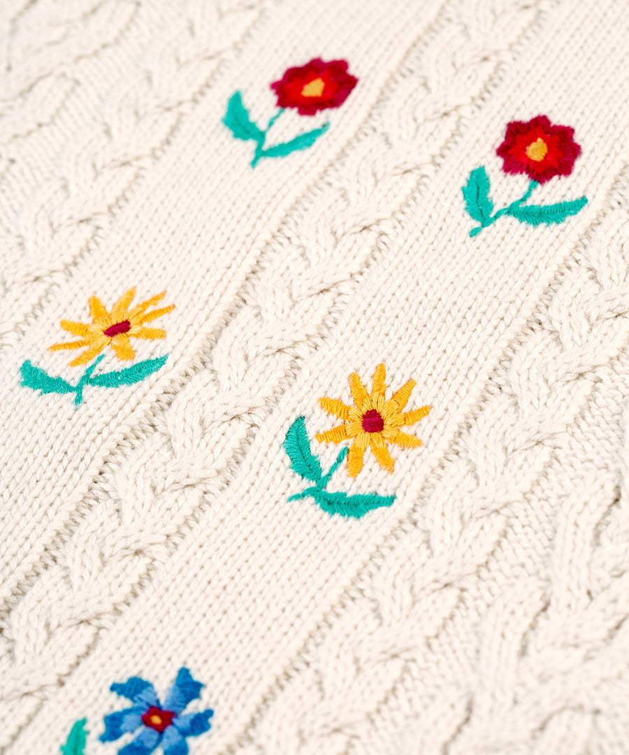 A closer look at the embroidered flowers on the Frugi Marnie Embroidered Tank Top - Pearl/Flowers