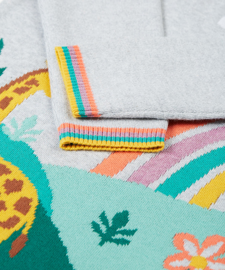 A closer look at the striped cuffs on the Frugi Kiera Knitted Dress - Grey Marl/Giraffe