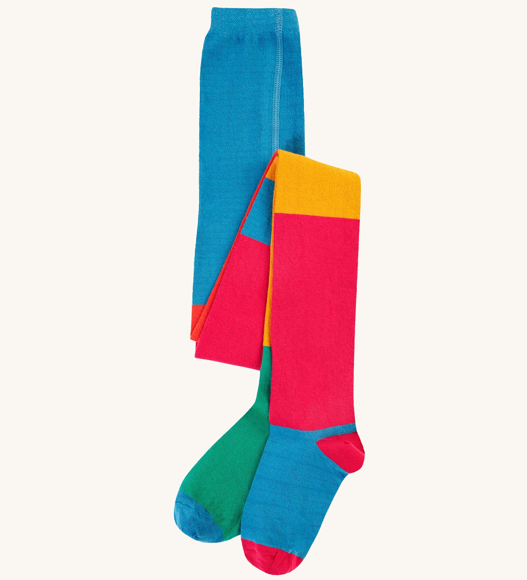 Frugi Norah Tights - Deep Water Colour Block, in blue, green, pink, yellow and orange