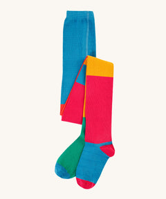 Frugi Norah Tights - Deep Water Colour Block, in blue, green, pink, yellow and orange