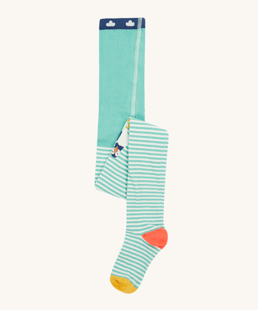 Frugi Norah Tights - Moss/Puffin. A lovely green moss and white stripe tights, with a puffin print on the knees and a peach and yellow foot detail