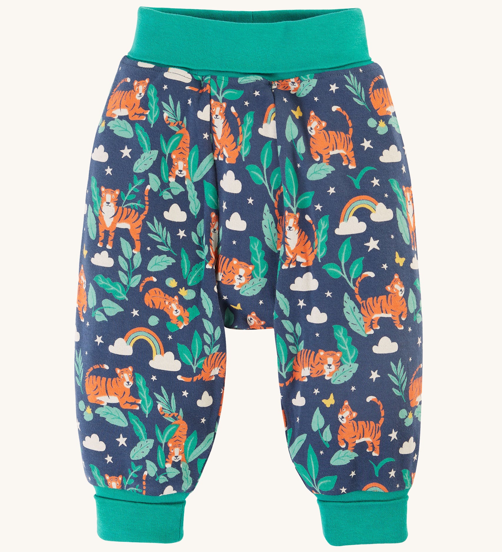 Frugi Parsnip Pants - Roarsome! A playful tiger print, with green waist band and ankle cuffs