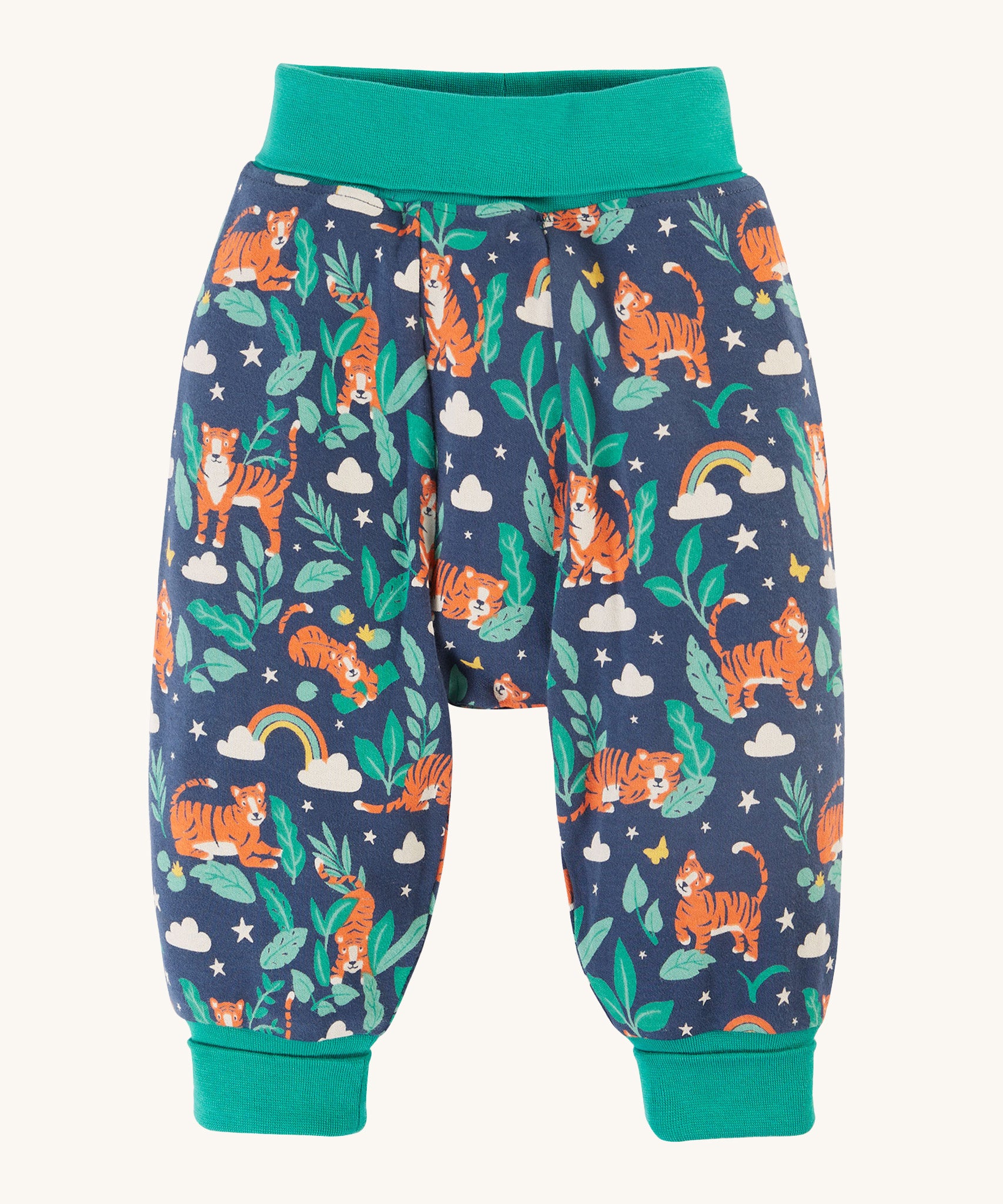 Frugi Parsnip Pants - Roarsome! A playful tiger print, with green waist band and ankle cuffs