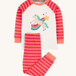 Frugi Jamie Jim Jams - Cantaloupe Stripe/Horse. With a pink and orange 'Cantaloupe Stripe' design on the long sleeves and a magical horse applique on the front