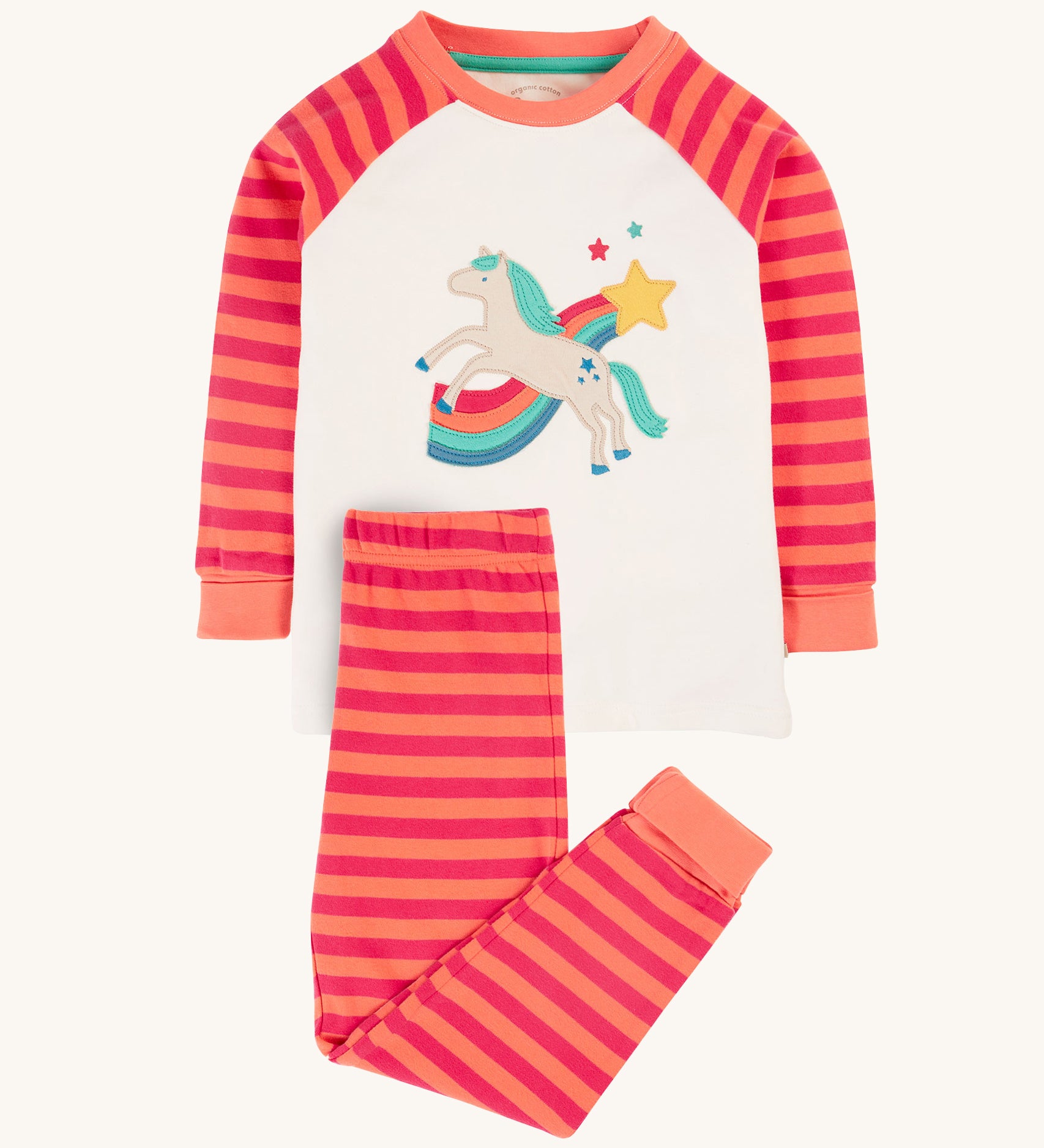 Frugi Jamie Jim Jams - Cantaloupe Stripe/Horse. With a pink and orange 'Cantaloupe Stripe' design on the long sleeves and a magical horse applique on the front