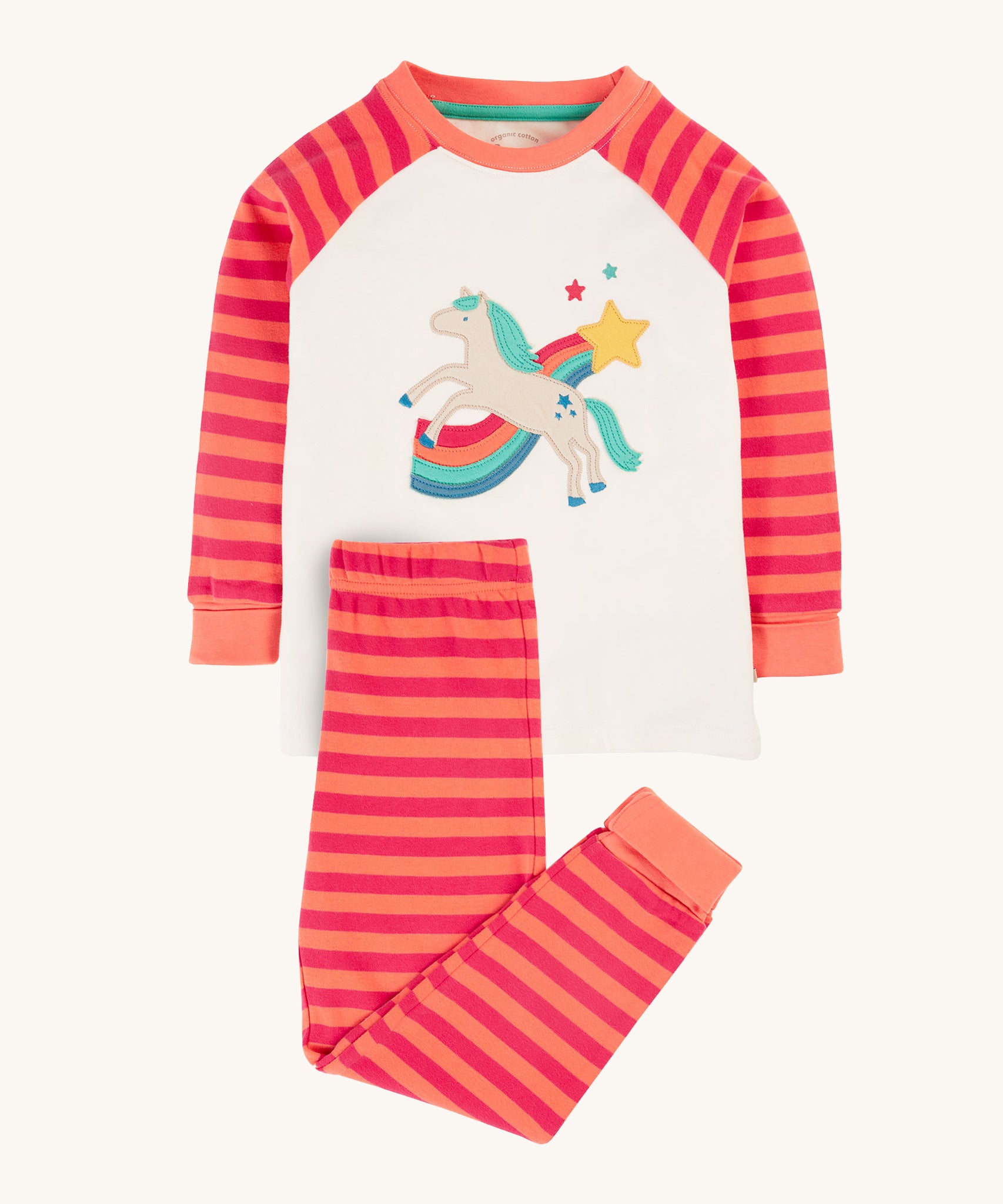 Frugi Jamie Jim Jams - Cantaloupe Stripe/Horse. With a pink and orange 'Cantaloupe Stripe' design on the long sleeves and a magical horse applique on the front