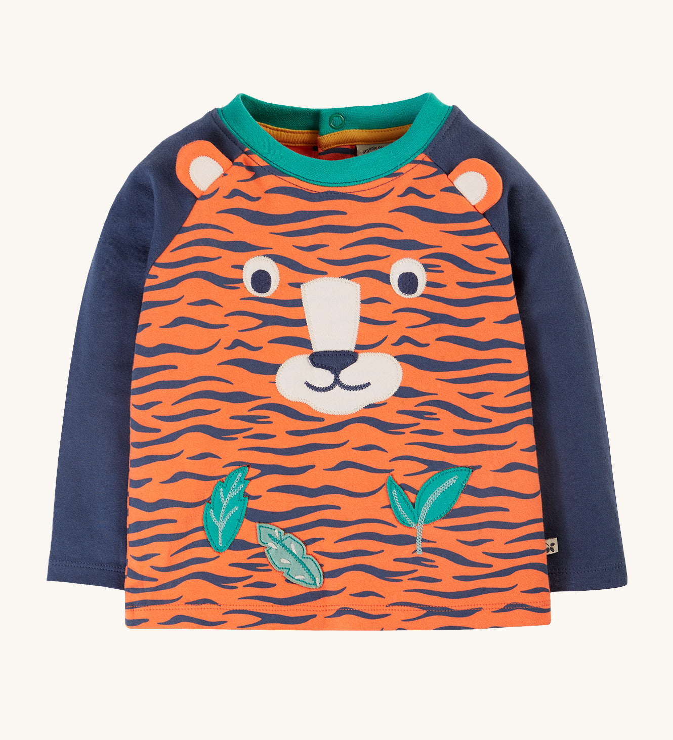 Frugi Happy Raglan Top - Tiger, with navy arms an orange and navy tiger stripe body and a fun tiger face and leaf applique on the front