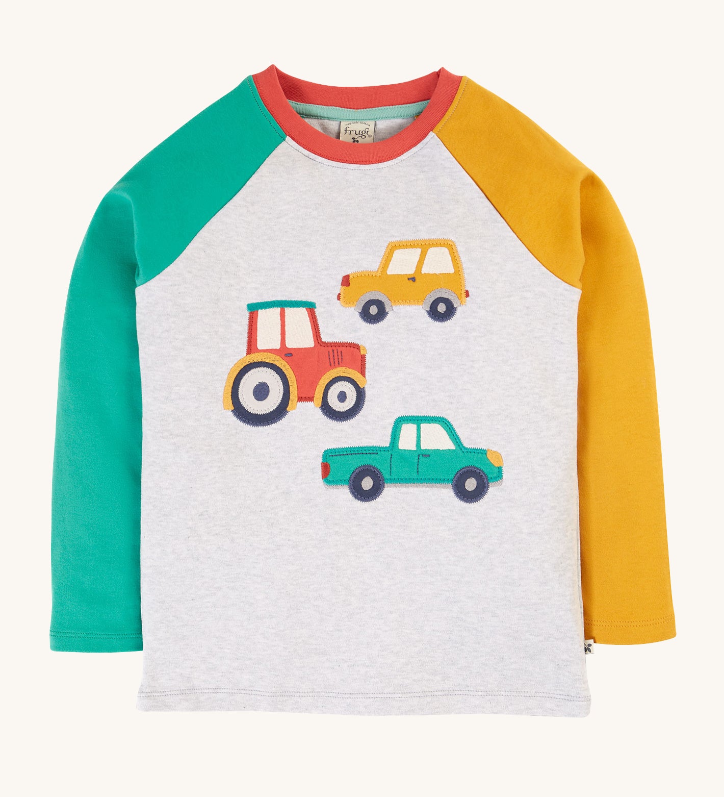 Frugi Alfie Raglan Top - Grey Marl/Vehicles. A grey long sleeve top with yellow and green block colour sleeves, and fun vehicle appliques 