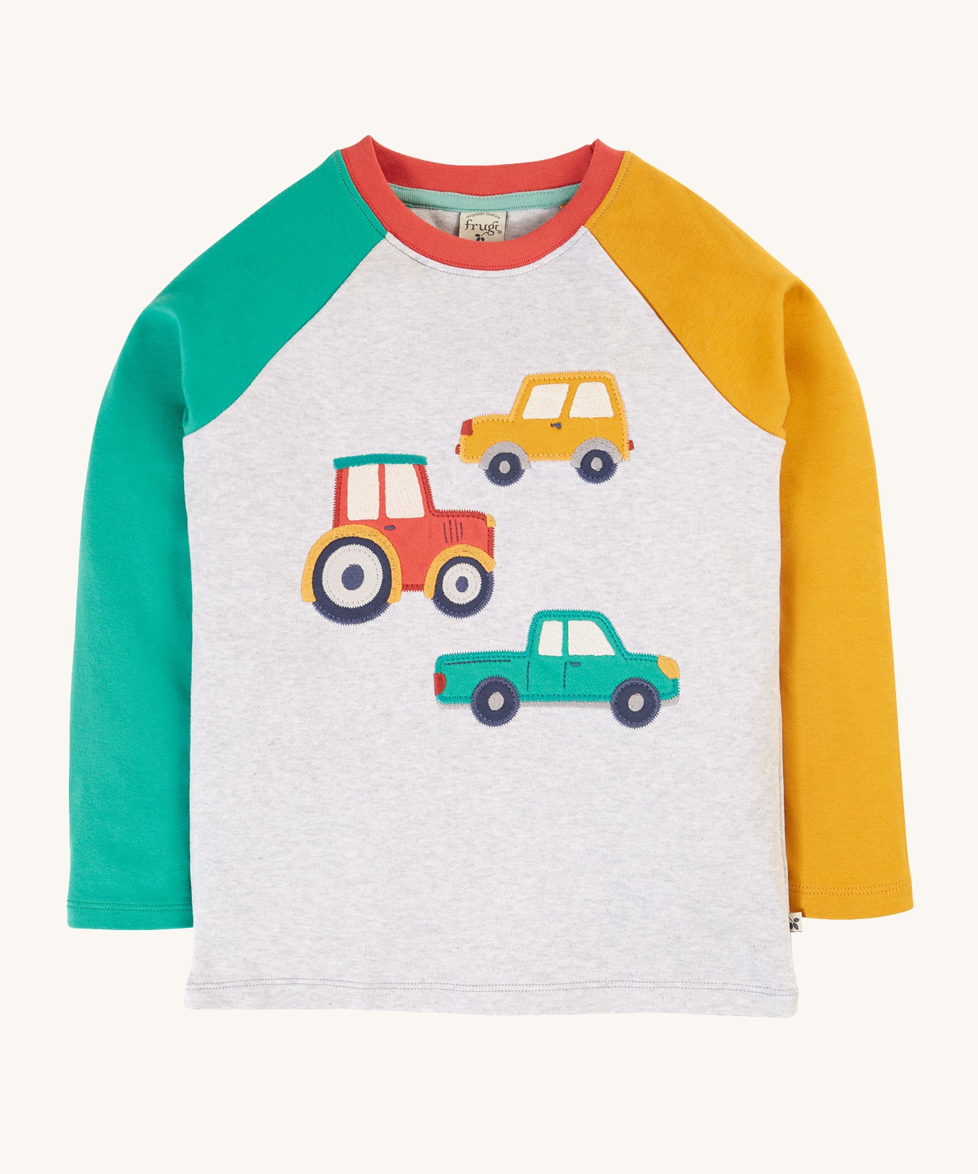 Frugi Alfie Raglan Top - Grey Marl/Vehicles. A grey long sleeve top with yellow and green block colour sleeves, and fun vehicle appliques 