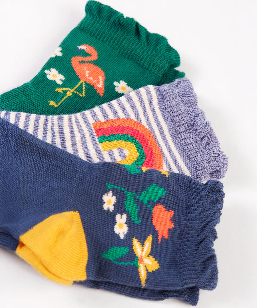 Frugi Freya Frilled Socks 3 Pack - Rainforest Friends. Organic Cotton frill socks in lovely 'Rainforest Friends' designs, one pair comes in navy with delicate flowers and yellow heels and toes, one green pair features a flamingo with lilac heels and cuffs, and the other comes in a lilac stripe with a rainbow on the ankles