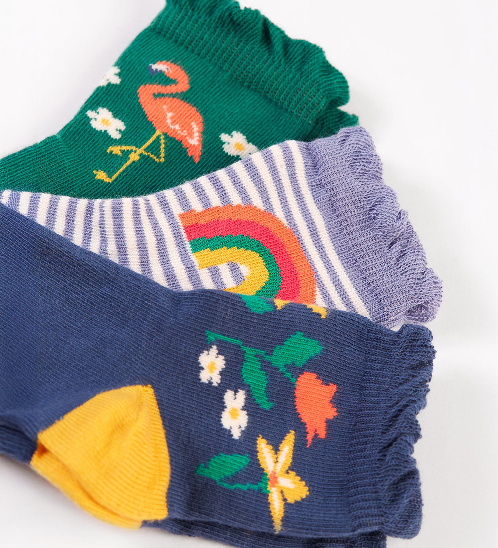 Frugi Freya Frilled Socks 3 Pack - Rainforest Friends. Organic Cotton frill socks in lovely 'Rainforest Friends' designs, one pair comes in navy with delicate flowers and yellow heels and toes, one green pair features a flamingo with lilac heels and cuffs, and the other comes in a lilac stripe with a rainbow on the ankles