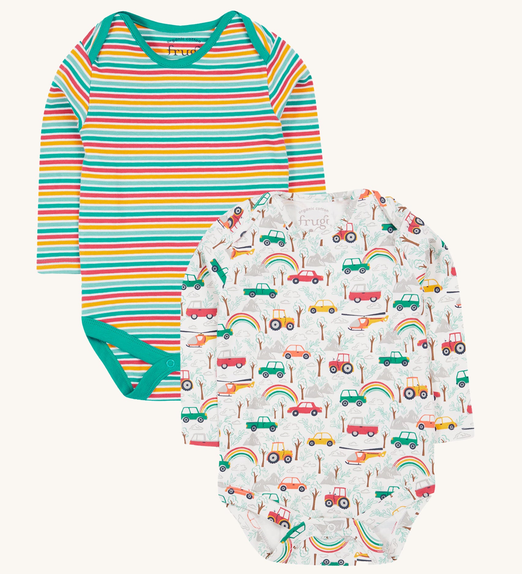 Frugi Super Special 2 Pack Body - Let'S Go!/Iguana Multi Stripe. One bodysuit has a lovely stripe patter, and the other has a fun vehicle print