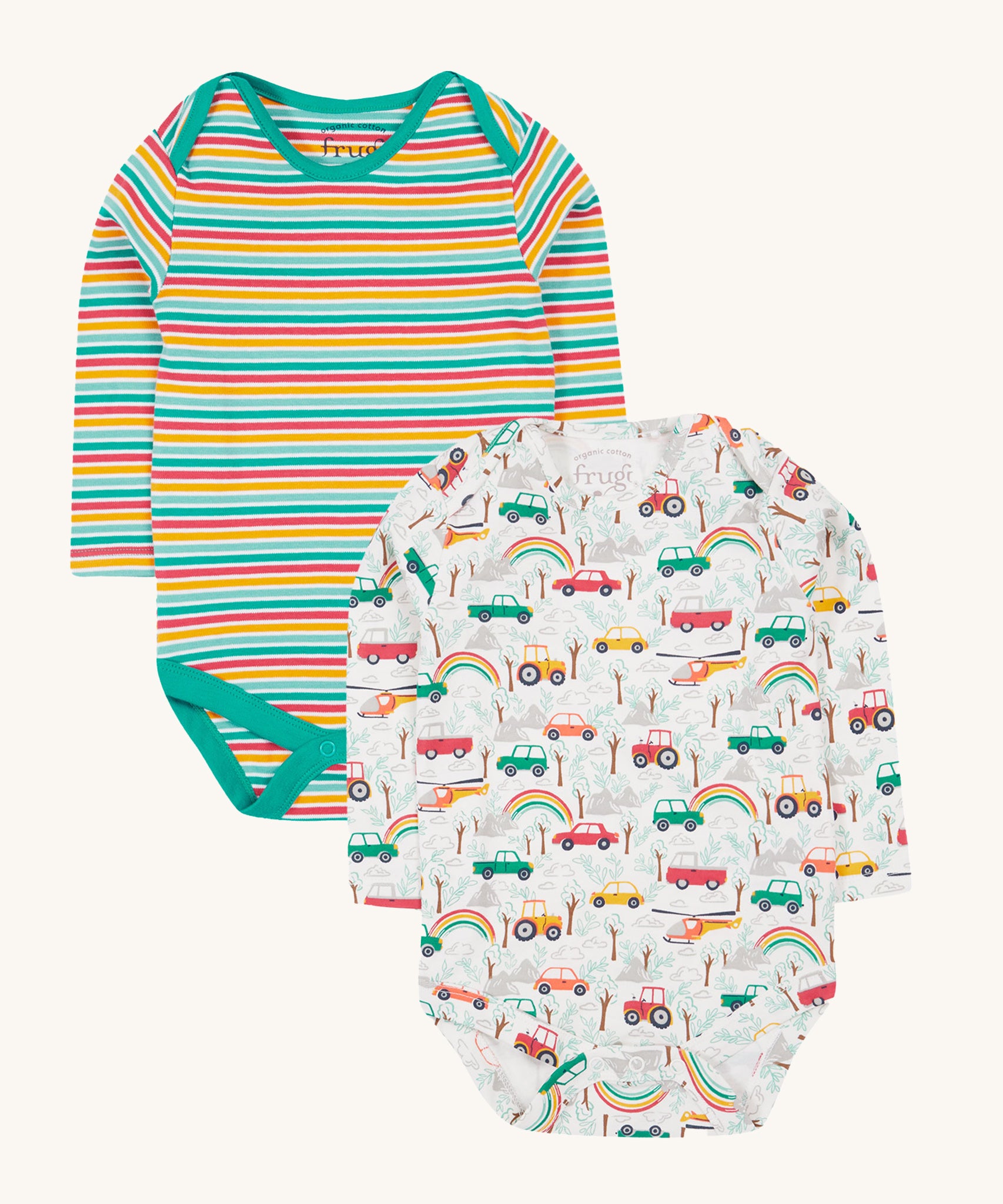 Frugi Super Special 2 Pack Body - Let'S Go!/Iguana Multi Stripe. One bodysuit has a lovely stripe patter, and the other has a fun vehicle print