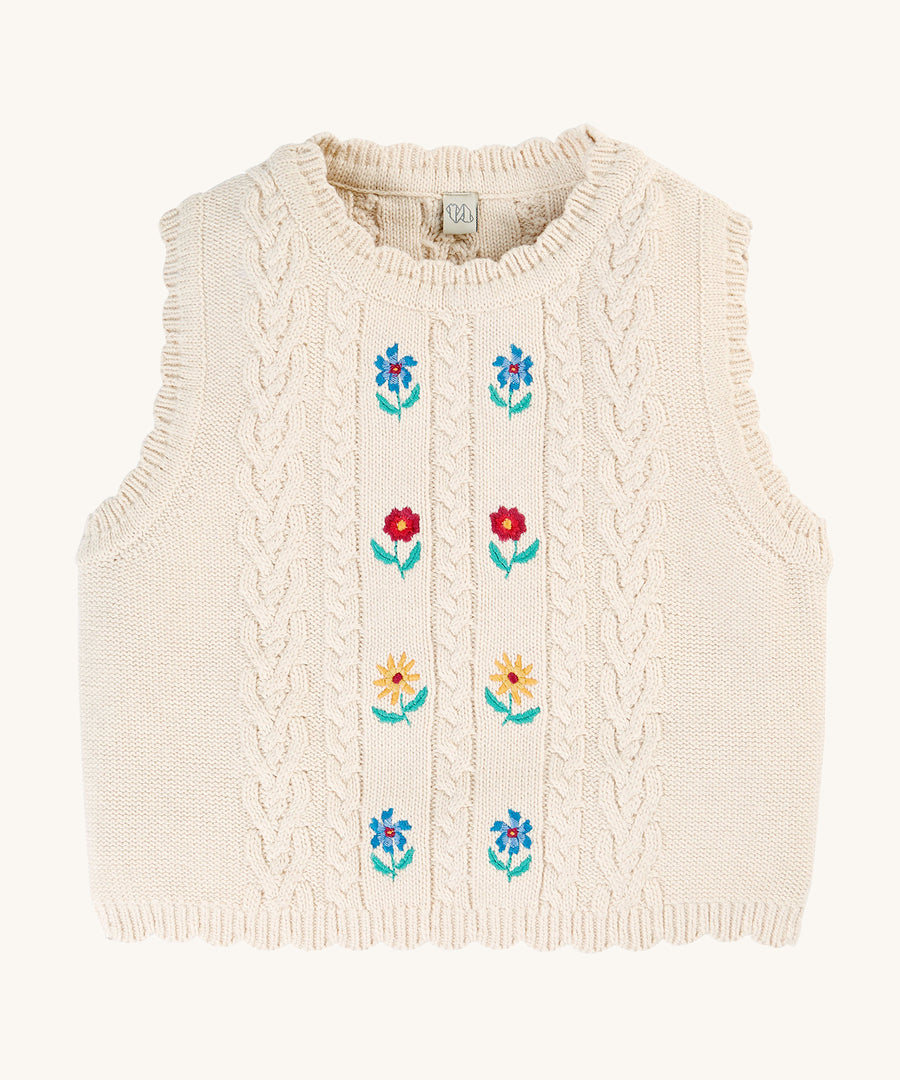 Frugi Marnie Embroidered Tank Top - Pearl/Flowers. A beautifully knitted tank top with knitted flower print on the front