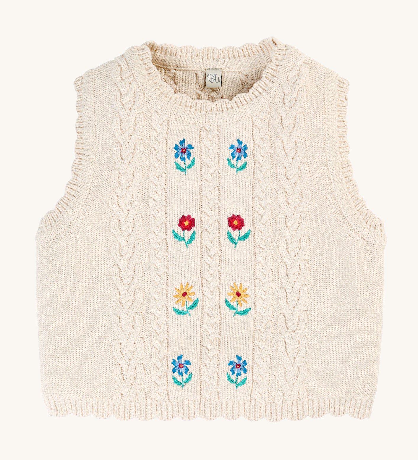 Frugi Marnie Embroidered Tank Top - Pearl/Flowers. A beautifully knitted tank top with knitted flower print on the front