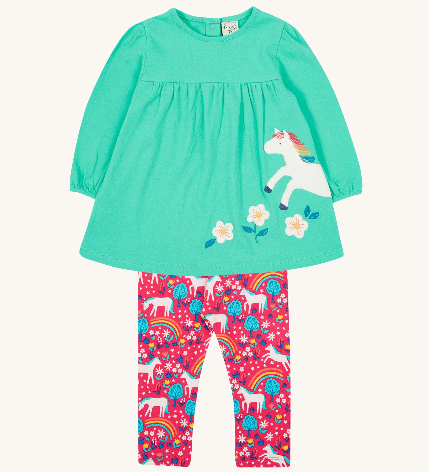 Frugi Tilly Outfit - Pacific Aqua/Wild Horses. A beautiful mint green top with a horse and flowers design, and fun colourful, pink horse leggings