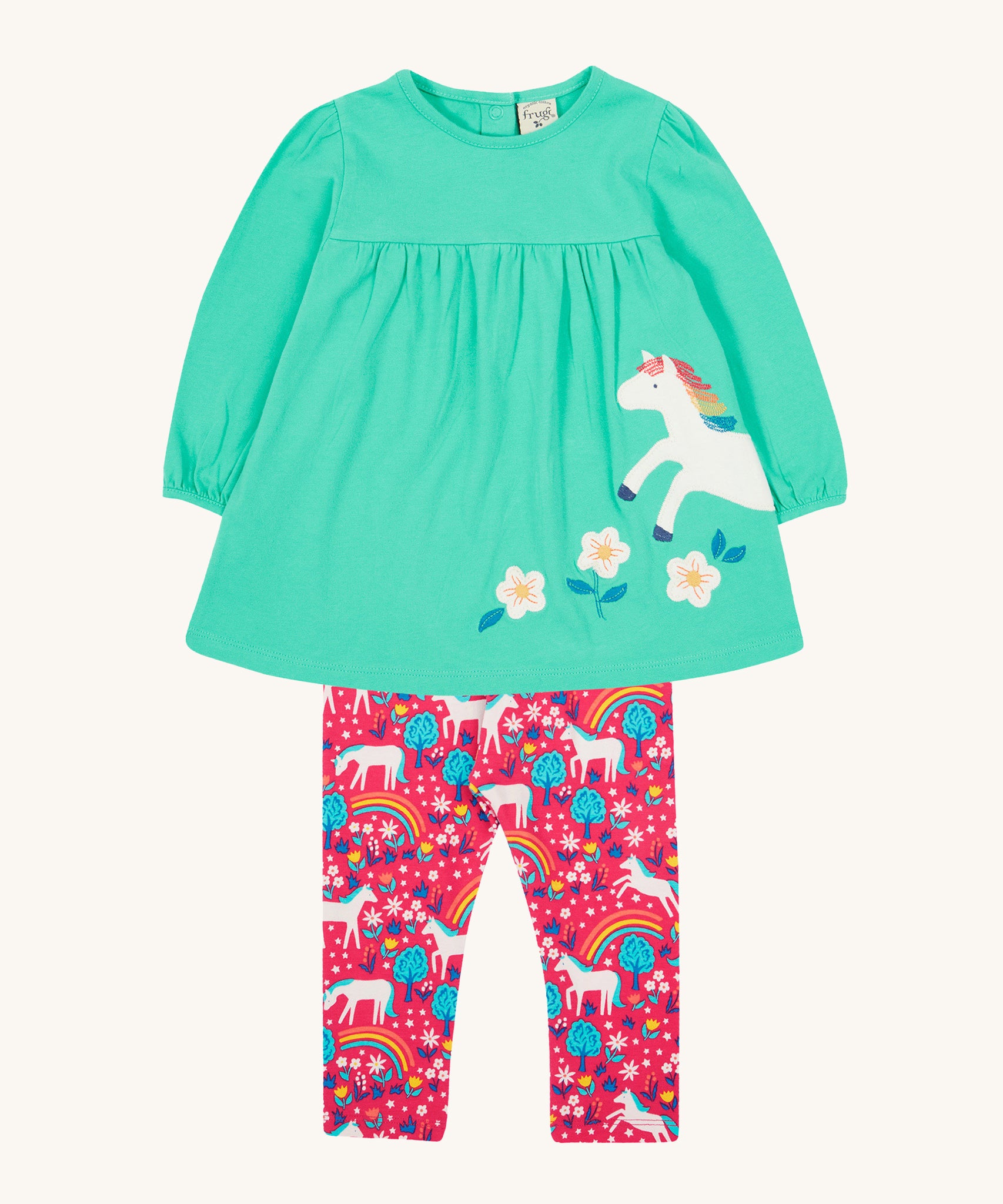 Frugi Tilly Outfit - Pacific Aqua/Wild Horses. A beautiful mint green top with a horse and flowers design, and fun colourful, pink horse leggings