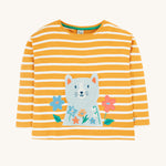 Frugi Tori Applique Top - Gold Breton Stripe/Cat