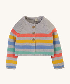 Frugi Bright As A Button Cardi - Grey Marl Stripe. A lovely grey, knitted cardigan with thick colourful stripes