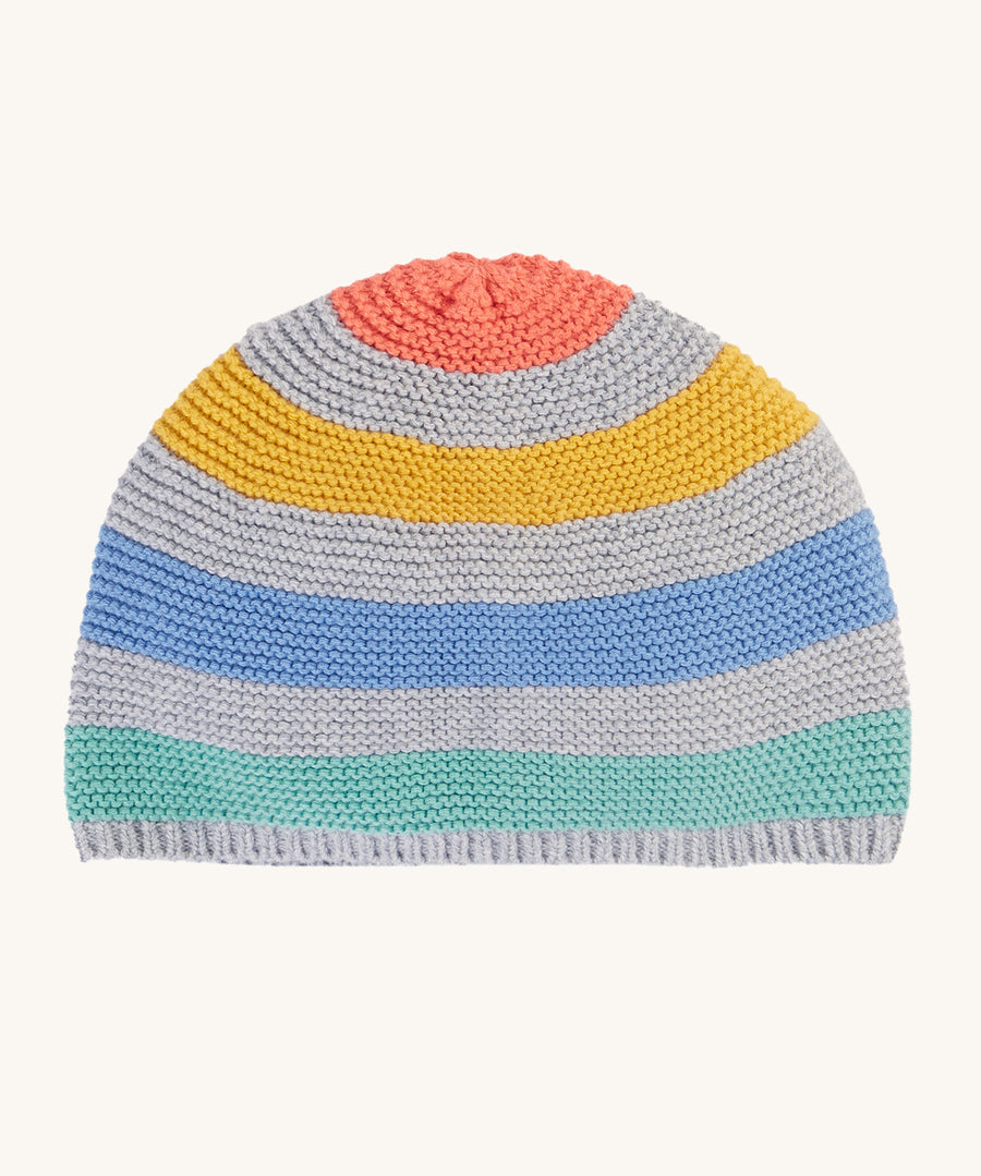 Frugi Harlen Knitted Hat - Grey Marl Stripe. A cosy, grey knit hat with soft coloured stripes