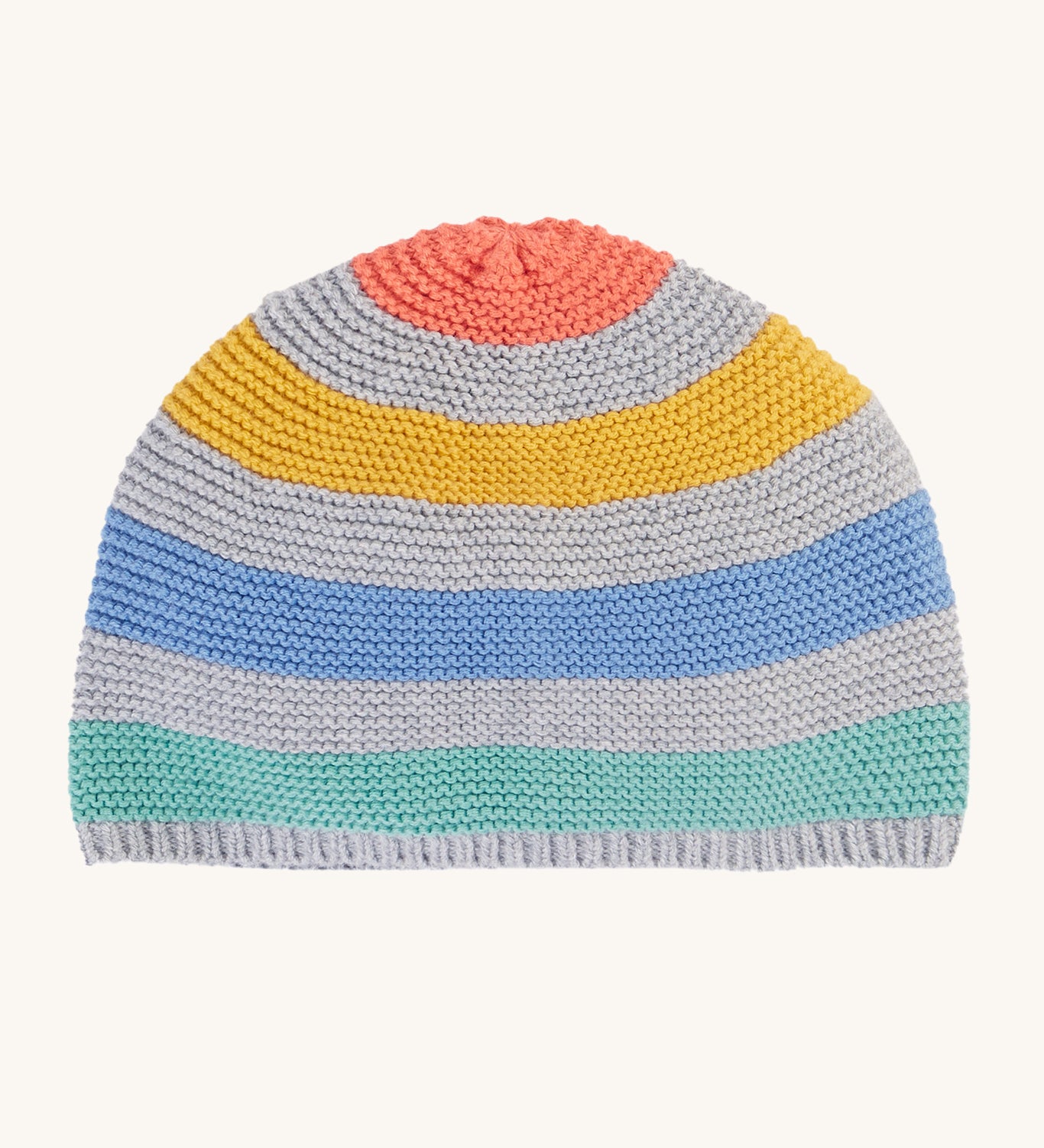 Frugi Harlen Knitted Hat - Grey Marl Stripe. A cosy, grey knit hat with soft coloured stripes