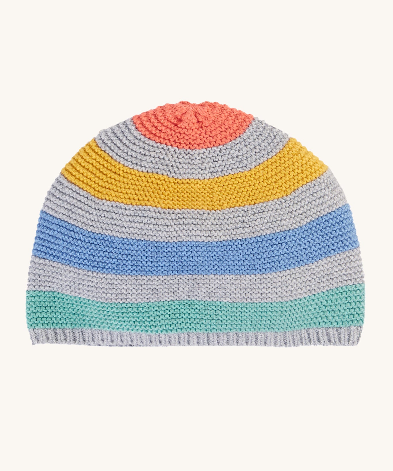 Frugi Harlen Knitted Hat - Grey Marl Stripe. A cosy, grey knit hat with soft coloured stripes