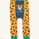 Frugi Little Knitted Leggings - Giraffe. A fun giraffe print leg, with giraffe face detail on the front, a rainbow waist band and green ankle cuffs