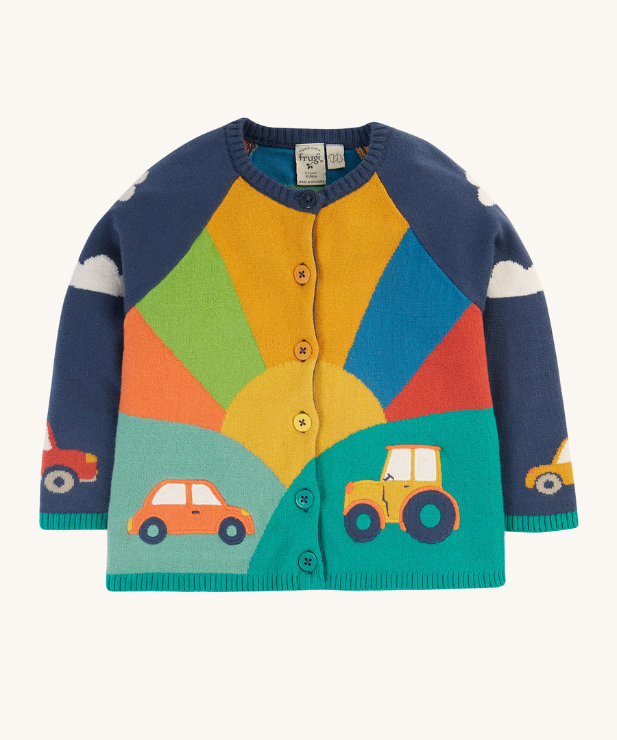 Frugi Reva Applique Cardigan - Navy Blue/Sunrise, with a beautiful sunrise pattern and vehicle print