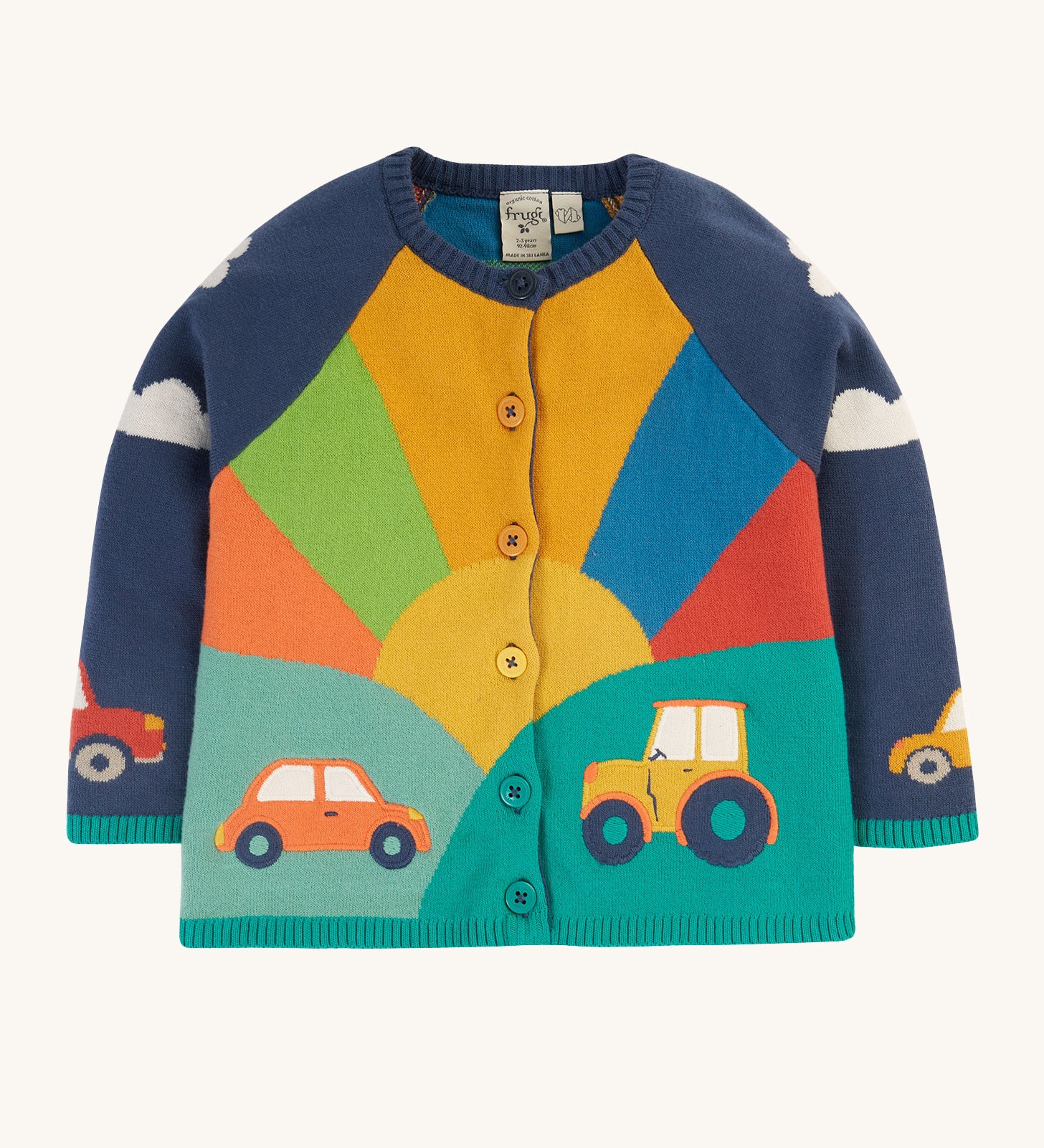 Frugi Reva Applique Cardigan - Navy Blue/Sunrise, with a beautiful sunrise pattern and vehicle print