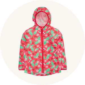 Frugi Rain Or Shine Waterproof Jacket Strawberries - 100% Recycled polyester. Playful strawberry, leaf and bee print on a pink background, red zip and piping, and a reflective badge.
