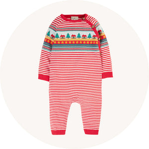 Frugi knitted fairisle romper on cream background to represent Frugi playsuits and babygrows range at Babipur.