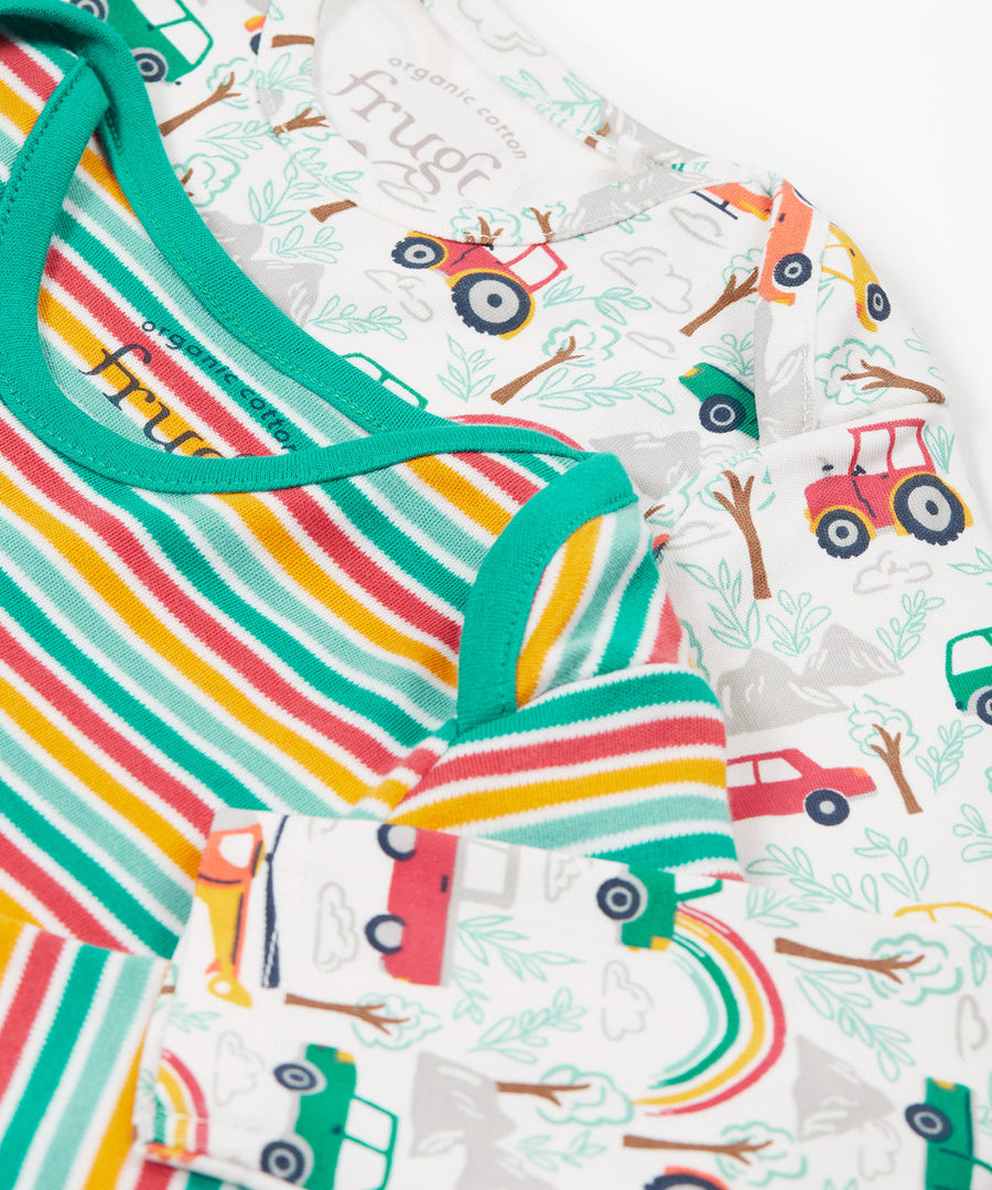 A closer look at the stripe and vehicle print on the Frugi Super Special 2 Pack Body - Let'S Go!/Iguana Multi Stripe