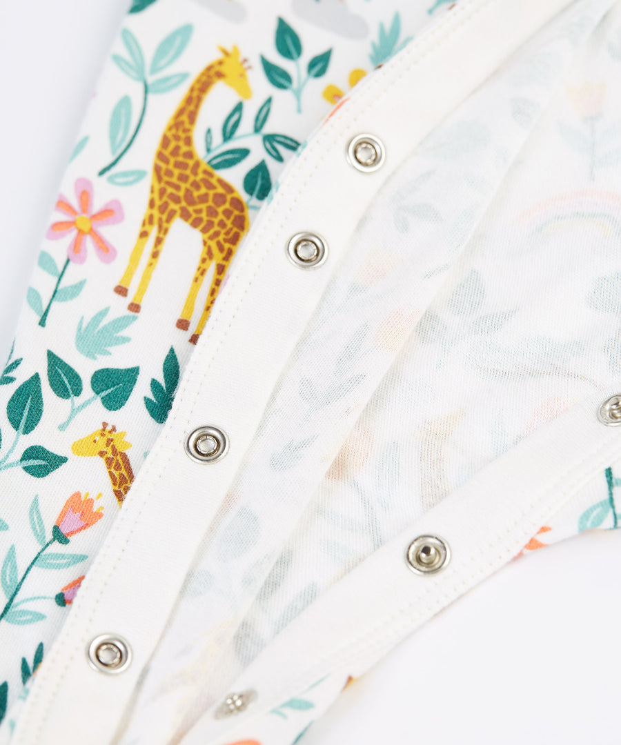 A look at the popper fasteners on the Frugi Lovely Babygrow - Soft White Giraffes