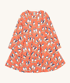 Frugi Sofia Skater Dress - Puffin Pals. A lovely peach dress with Frugi puffin print