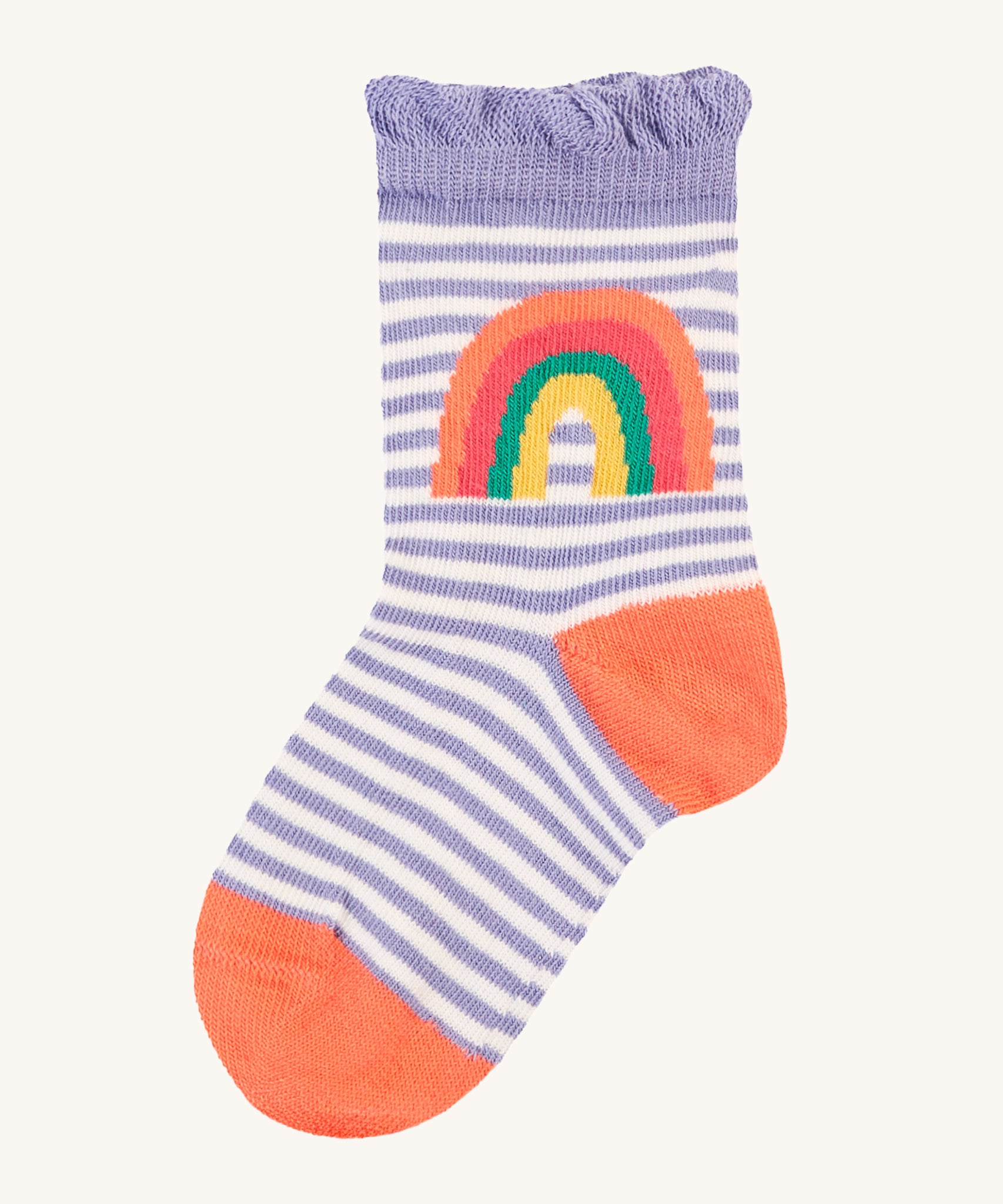 The lilac and white stripe sock from the Frugi Freya Frilled Socks 3 Pack - Rainforest Friends This sock has an orange toe and heel, and a rainbow on the side. It also has a solid purple ankle frilly cuff