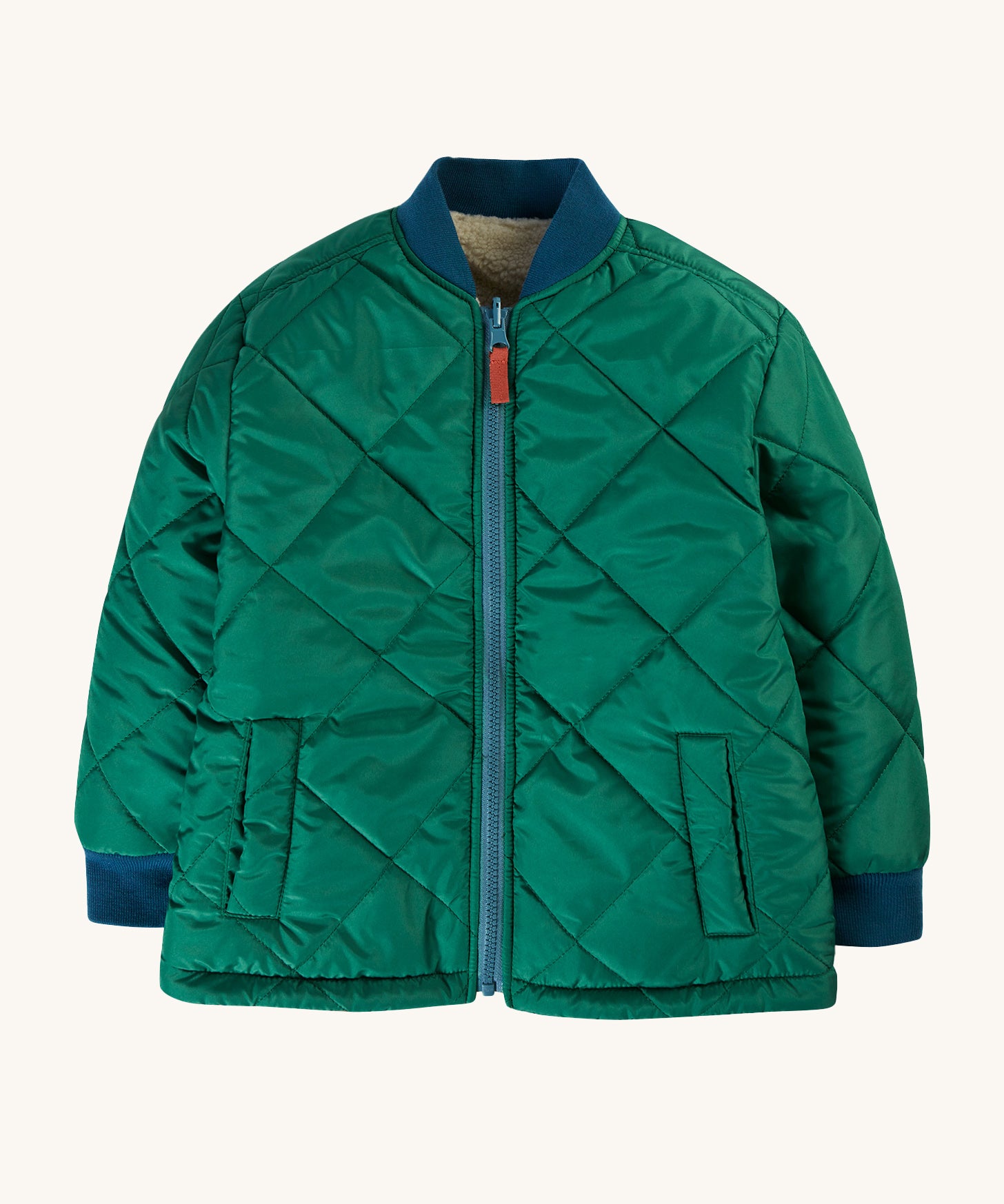 The green puffer side of the Frugi Robin Reversible Quilted Jacket - Teal/Moon, with navy blue neck collar, wrist cuffs and a light blue zipper