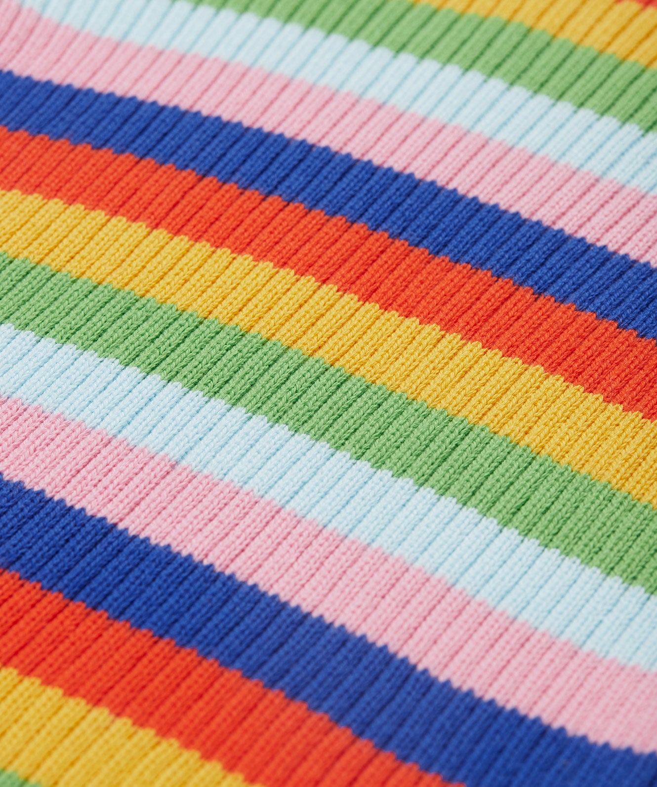 A closer look at the bold stripes on the Frugi Zoe Knitted Jumper - Retro Stripe. The colours are light red, yellow, light green, light blue, light pink and royal blue in a repeat pattern