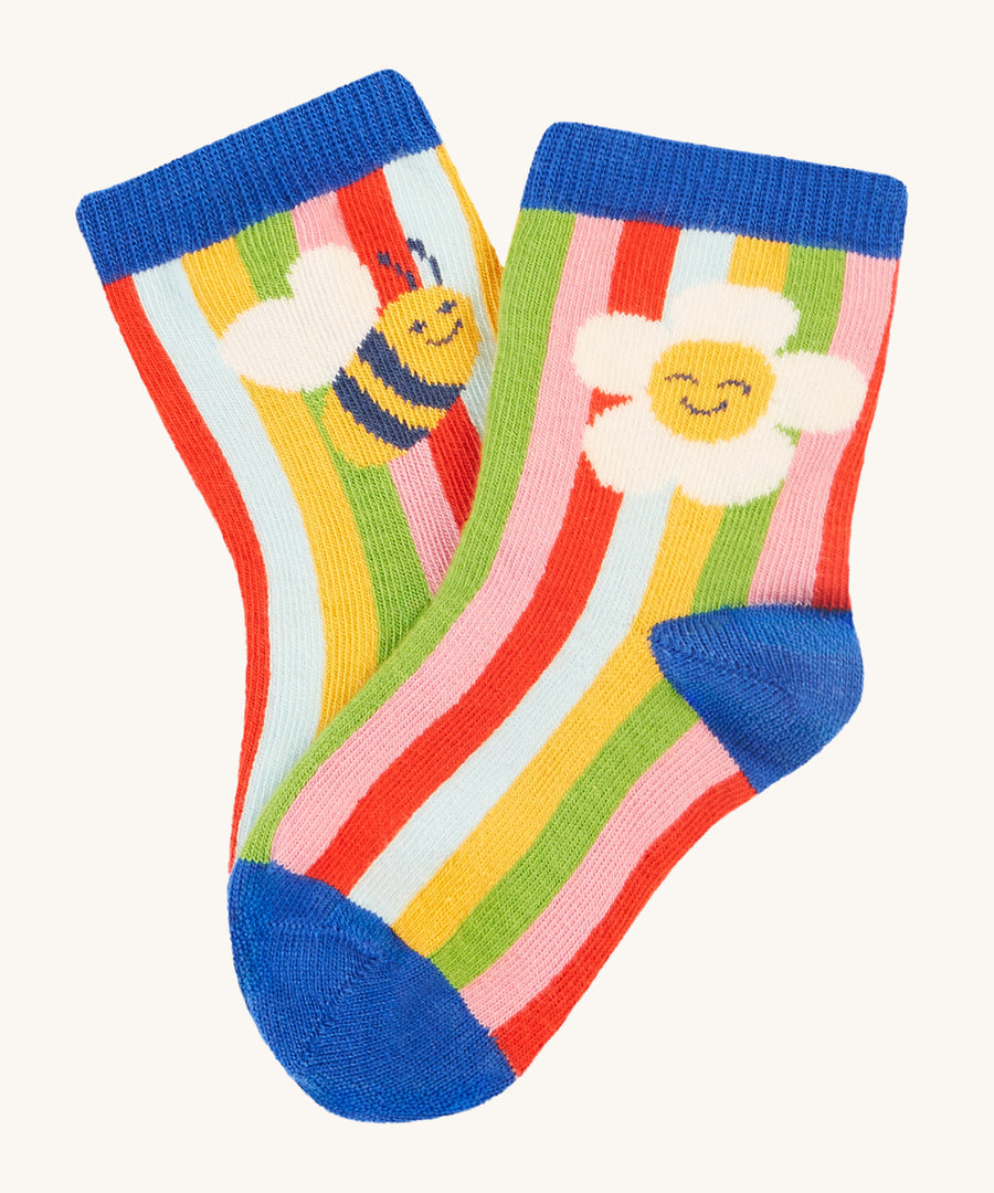 Frugi Little Socks 3 Pack - Retro Happy. A courful stripe pair of socks with a bee and flower print